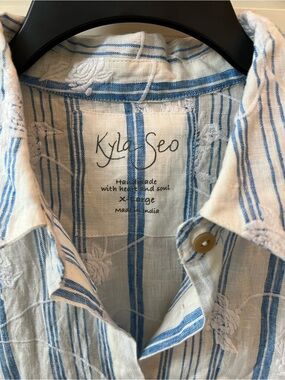 Kyla Seo Blue & White Striped Linen embroidered Button-Up Shirt